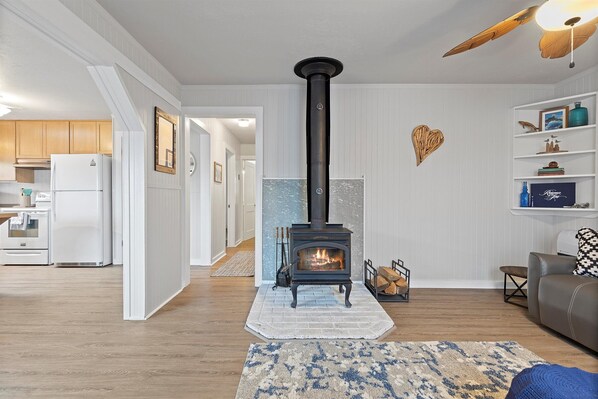 Smart TV, fireplace, books, stereo