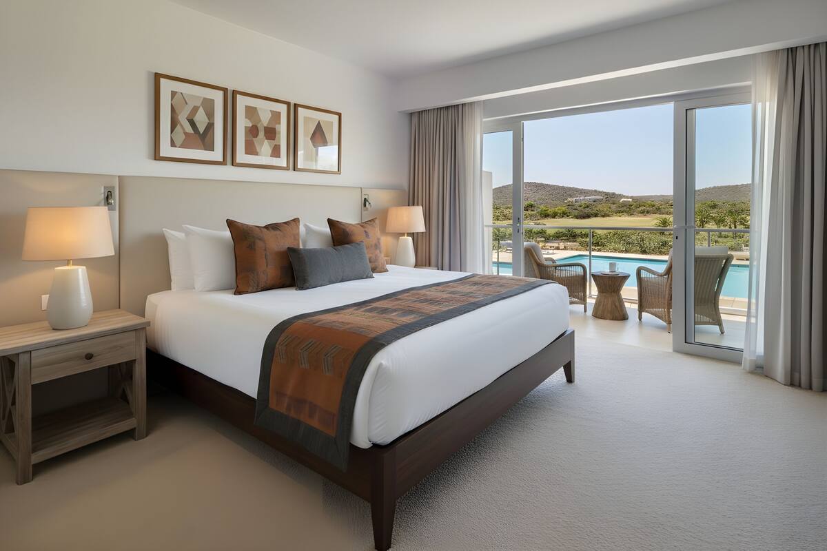 Quarto de hotel com uma cama grande, duas mesas de cabeceira com luminárias, e vista para uma piscina e paisagem através de uma porta de vidro deslizante.