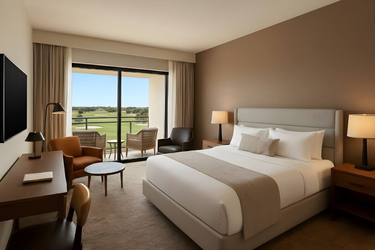 Quarto de hotel com uma cama grande, uma escrivaninha, uma cadeira, uma mesinha e vista para um campo de golfe.