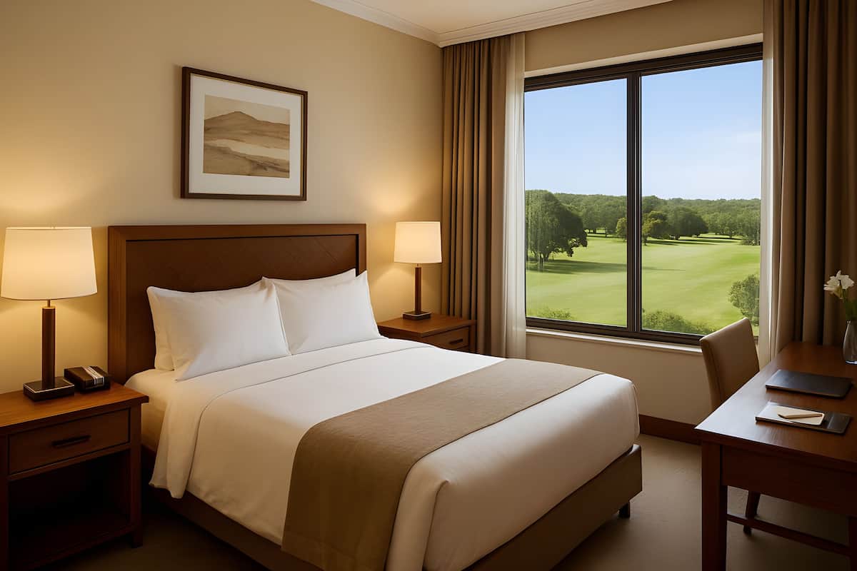 Quarto de hotel com uma cama grande, duas mesas de cabeceira com luminárias, uma escrivaninha com cadeira e uma janela com vista para um campo de golfe.