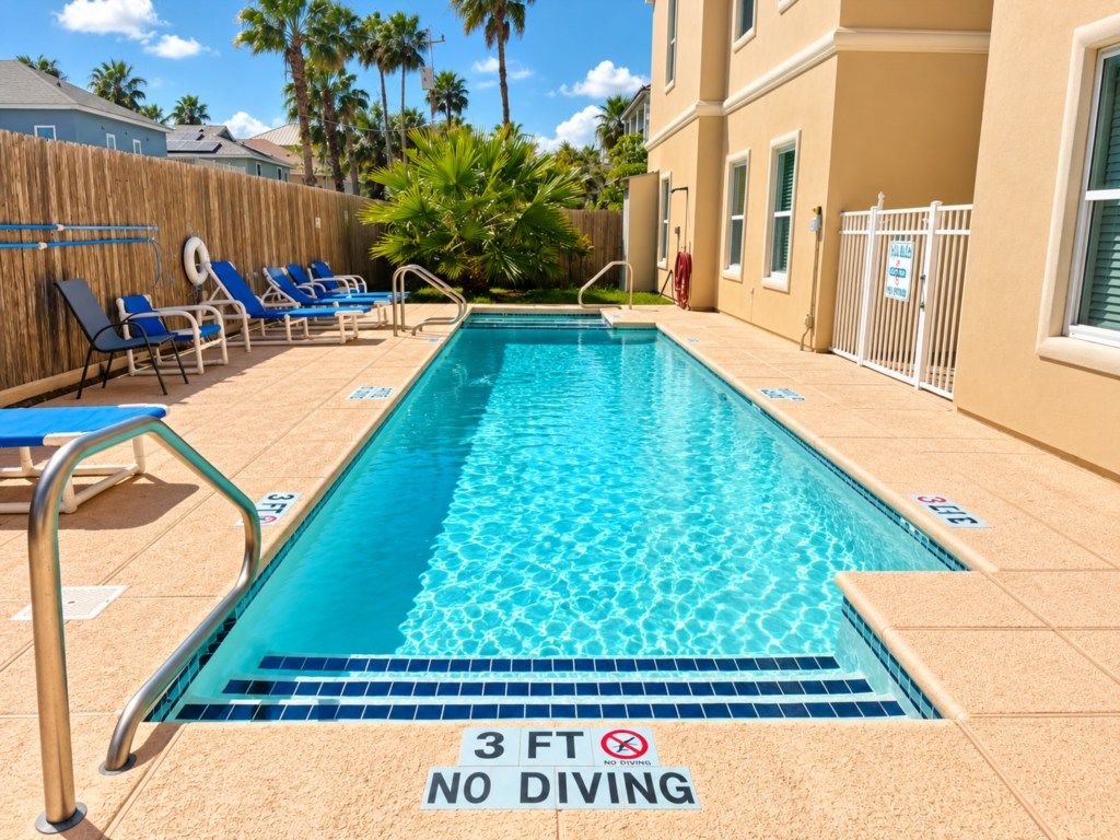Une piscine avec un panneau indiquant qu’il est interdit de plonger, des chaises longues et une clôture.