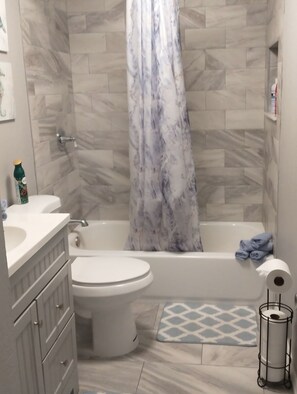 Hair dryer, towels, soap, toilet paper