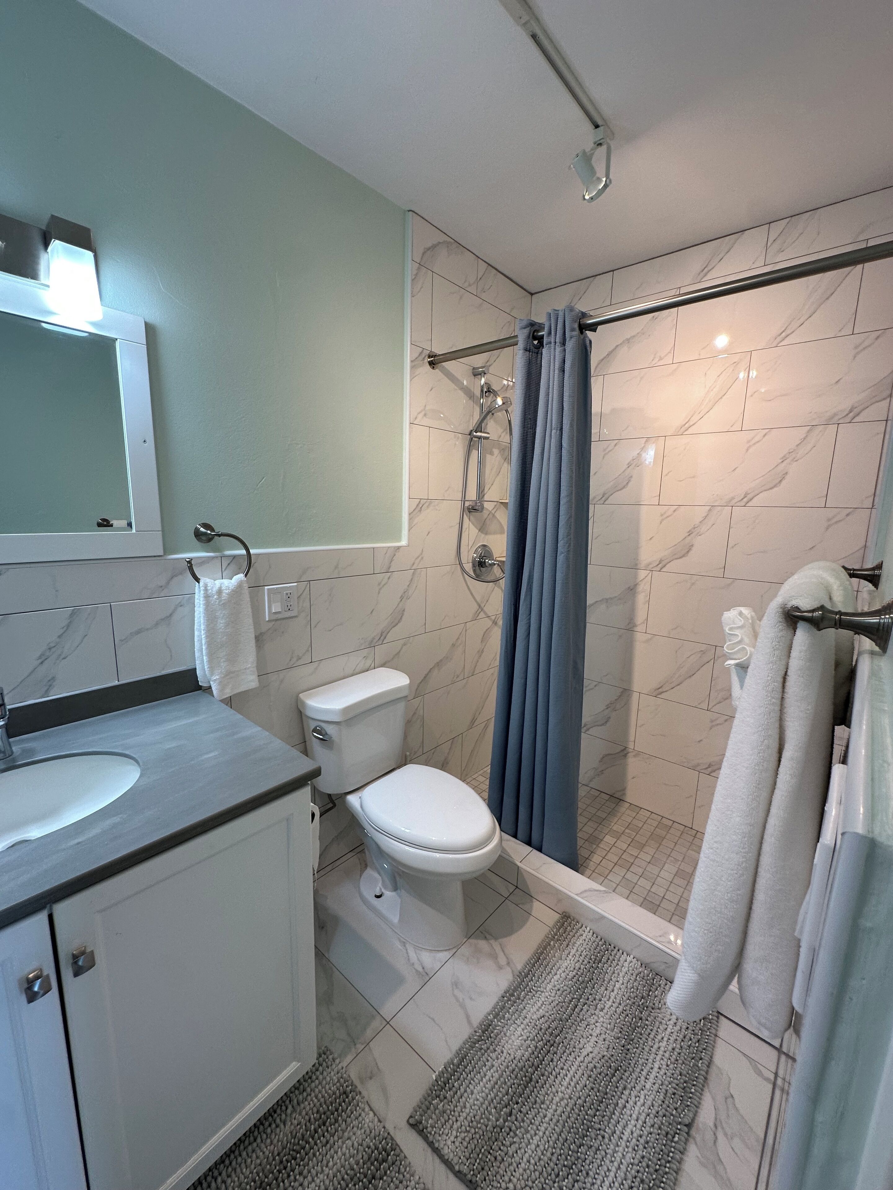 A bathroom with a toilet, sink, mirror, shower, and towel rack.