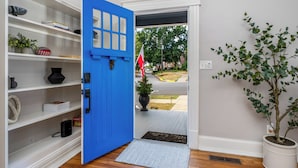 A blue door leading to a hallway with white shelves, a potted plant, and a small Christmas tree.