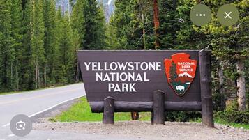 Schild für den Yellowstone-Nationalpark mit dem Logo einer Berglandschaft, eines Bisons und eines Bären.