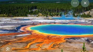 Ein geothermisches Gebiet mit einem großen, farbenprächtigen Wasserbecken, umgeben von Mineralablagerungen.