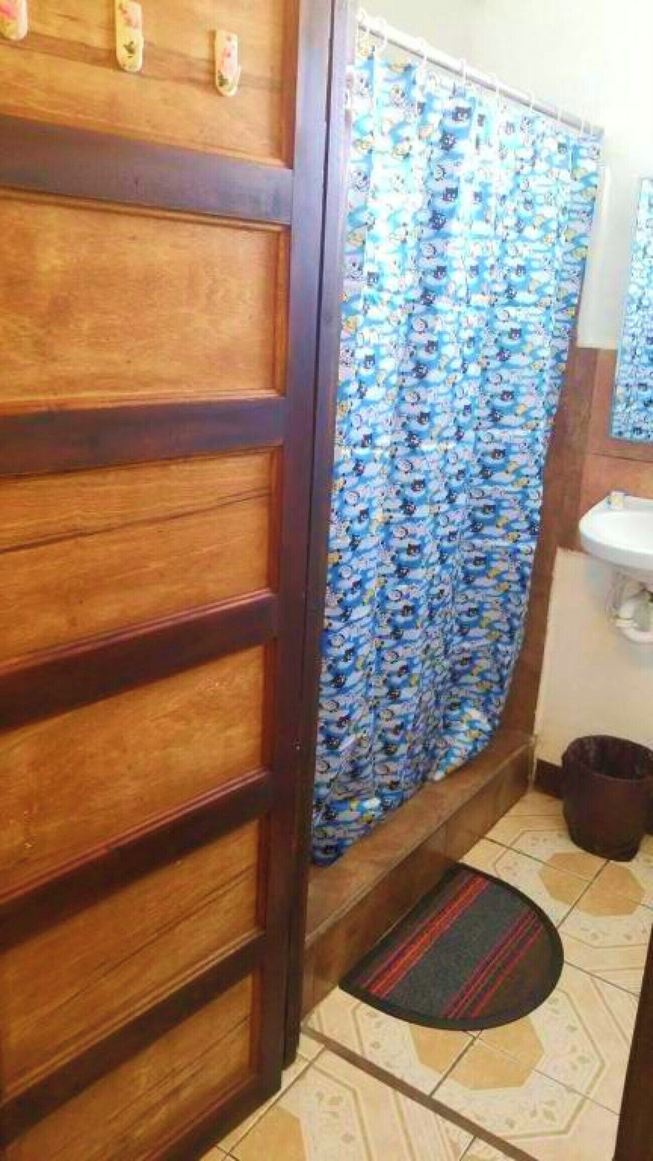 Un baño con puerta de madera, cortina de ducha con personajes de dibujos animados, un lavabo y una alfombra pequeña en el suelo.