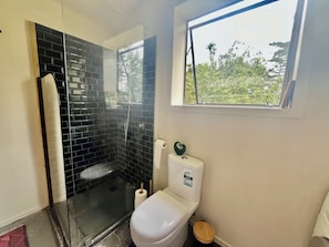 Secadora de cabello, toallas, jabón, papel de baño