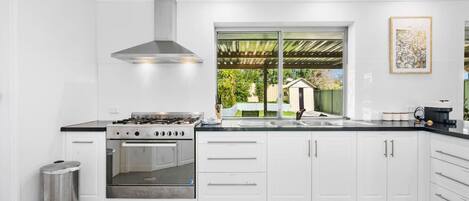 Fridge, microwave, oven, coffee/tea maker