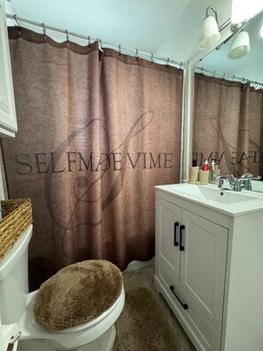 Hair dryer, towels, soap, toilet paper