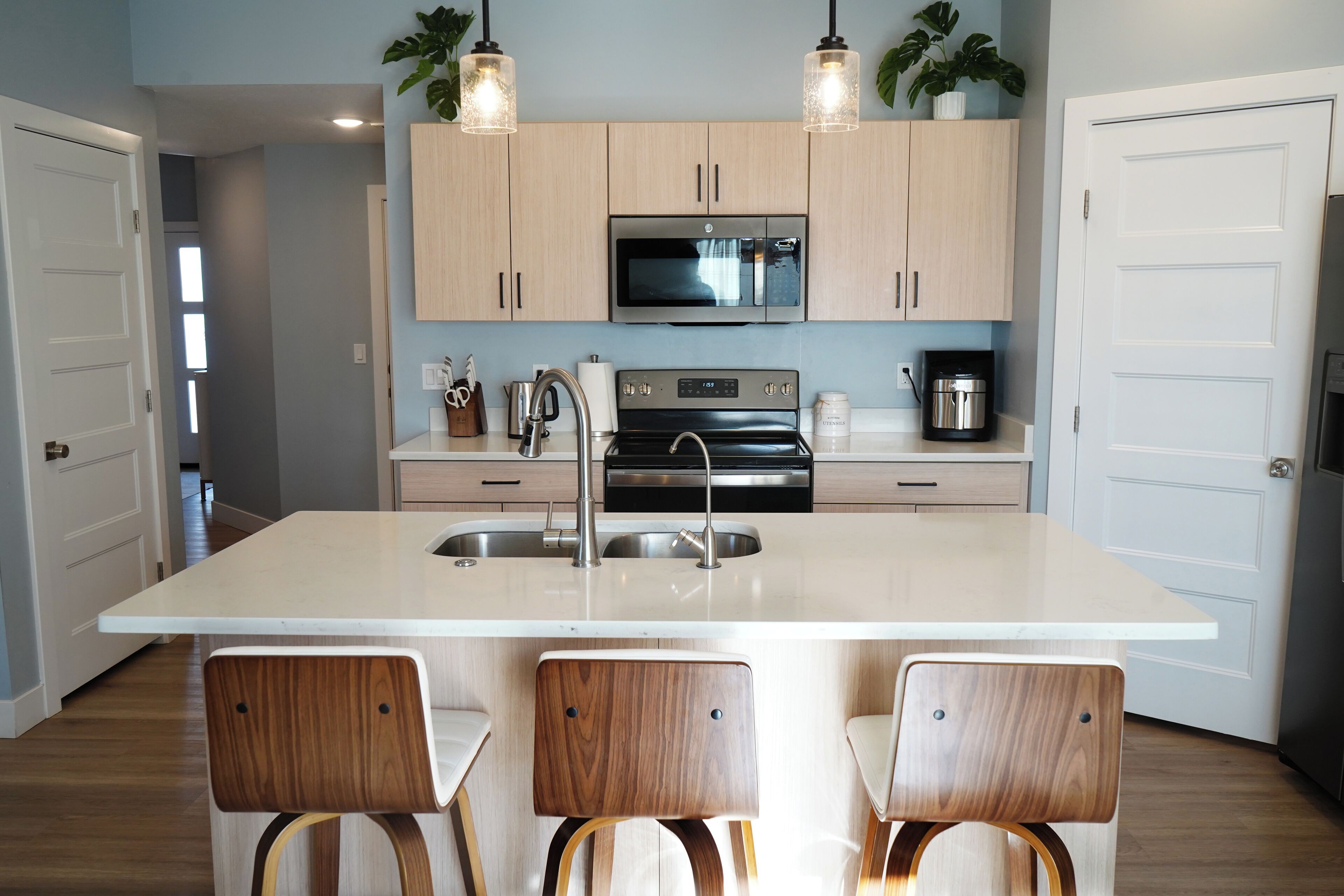 Een magnetron, een oven, een kookplaat, een vaatwasser