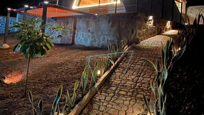 A triangular building with a warm interior light, surrounded by a stone wall and a paved pathway with plants.