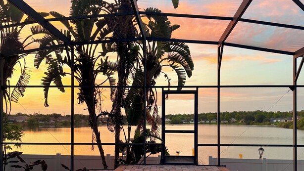 Una piscina interior con vistas a un atardecer sobre un cuerpo de agua, rodeada de palmeras y una estructura metálica.