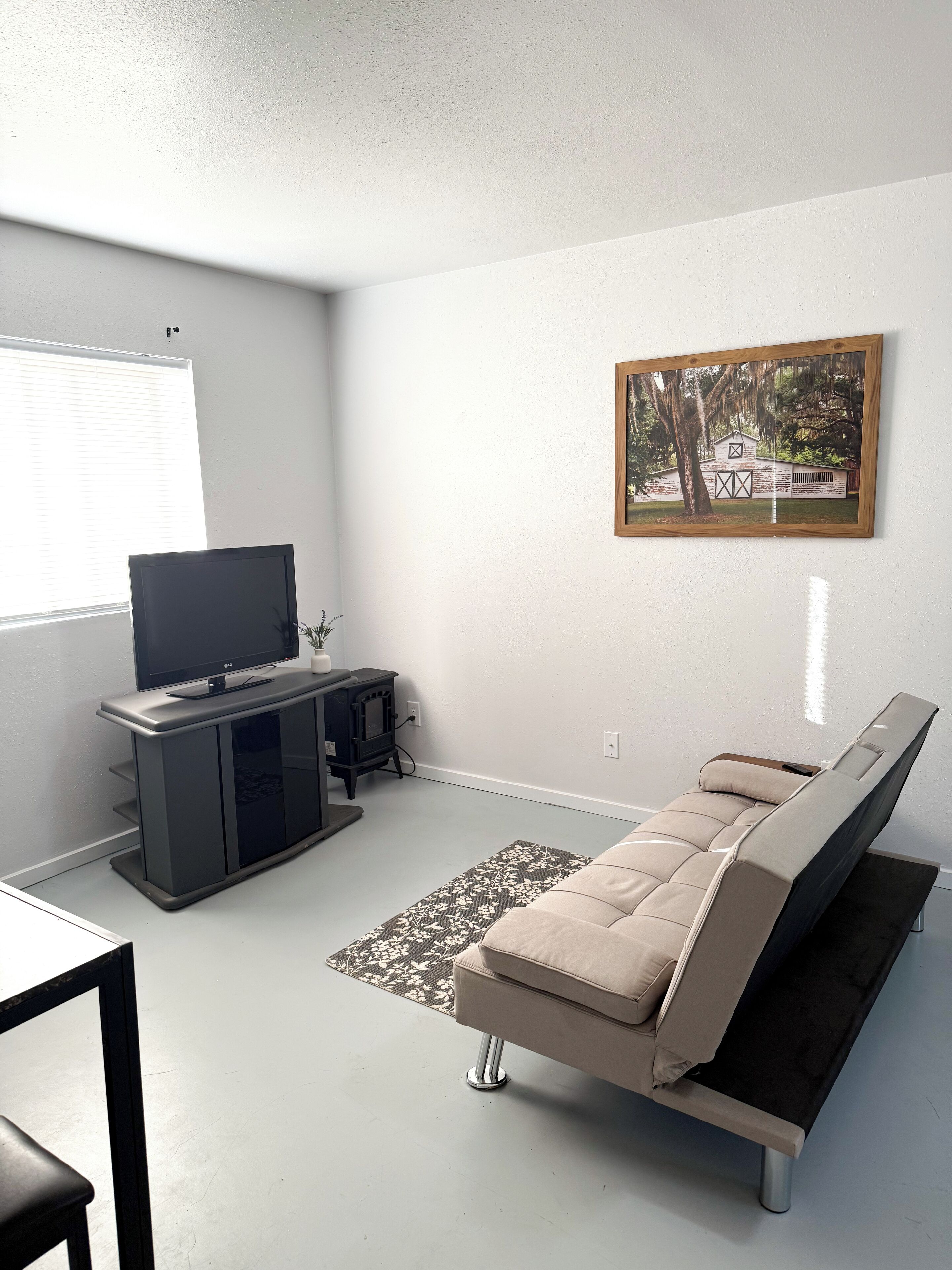 A modern living room with a sofa, a TV on a stand, a fireplace, and a framed picture on the wall.