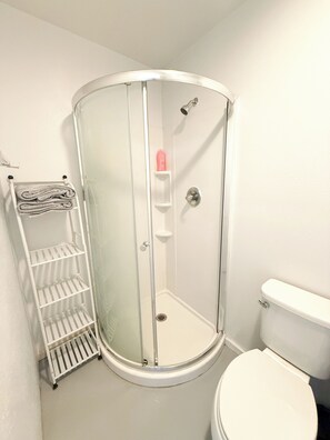 Douche, séchoir à cheveux, serviettes fournies, savon