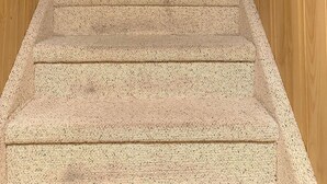 A carpeted staircase with wooden walls and a white door at the top. - 1500 Sqft Entire Basement Private Suite - Extra Spacious & Cozy (Saskatoon)