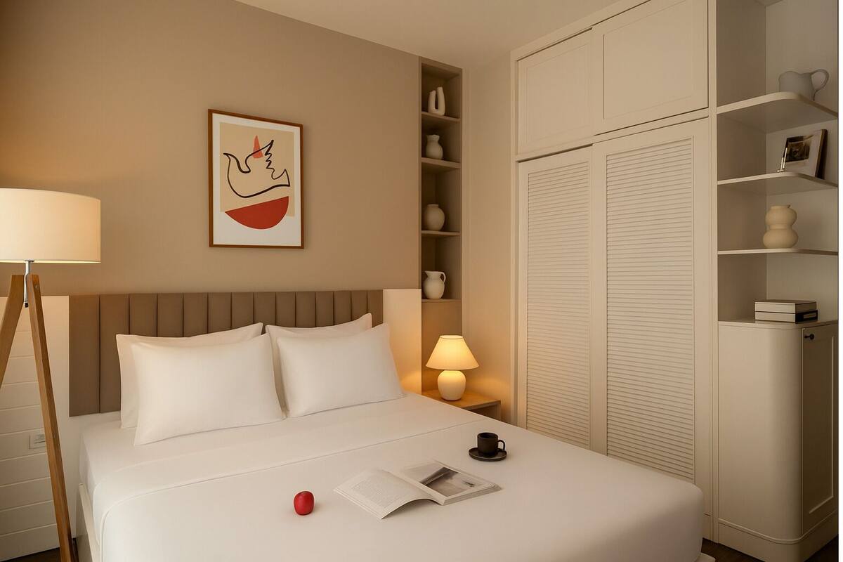 Design-Apartment, 3 Schlafzimmer, Balkon, Stadtblick | Individuell dekoriert, individuell eingerichtet, Schreibtisch
