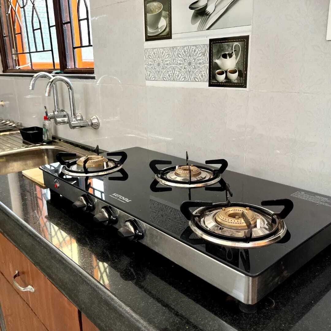 Fridge, electric kettle, toaster, cookware/dishes/utensils