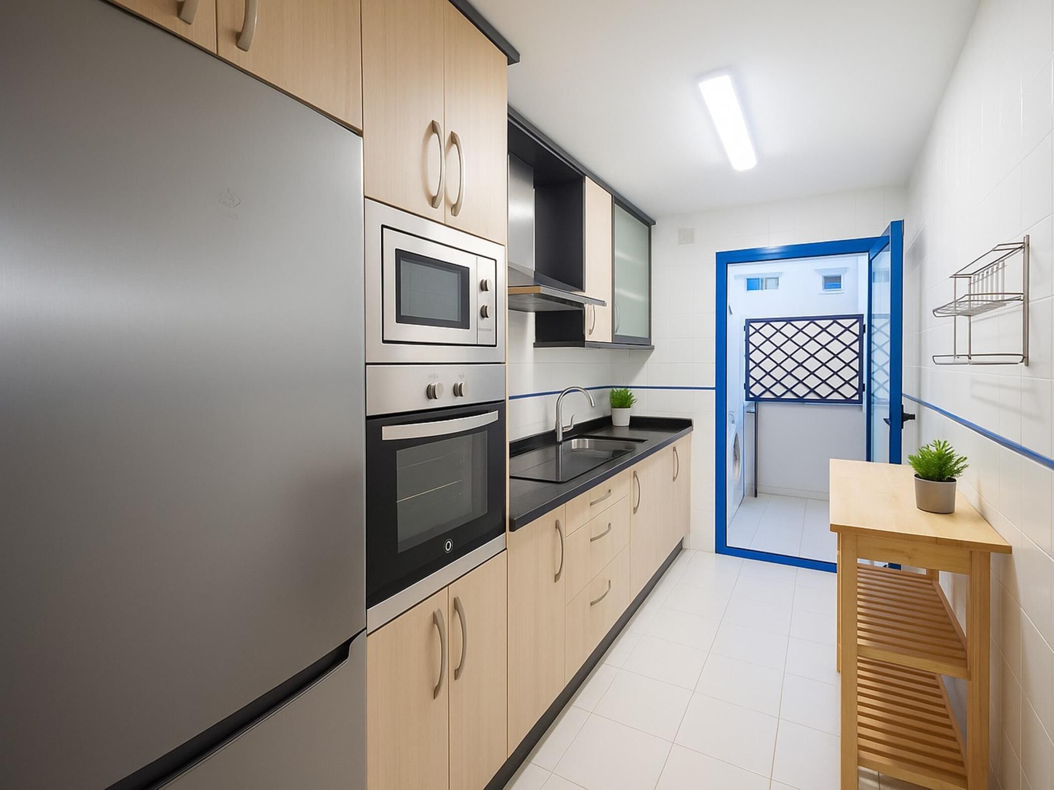 Une cuisine moderne dotée d’appareils électroménagers en acier inoxydable, de meubles en bois et d’un mur d’accent bleu.