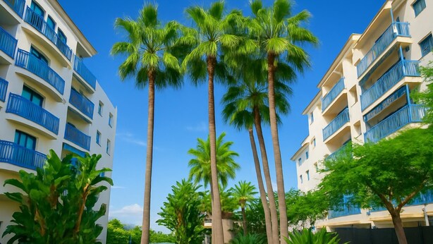 A hotel courtyard with palm trees, a pathway, and a water feature. - Apartamento Las Brisas (Estepona)