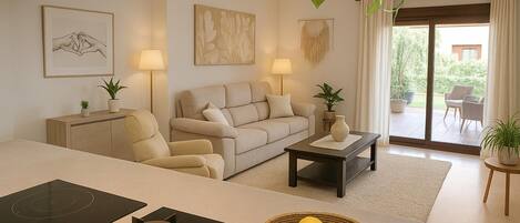 A modern living room with a sofa, armchairs, a coffee table, and a kitchen area with an induction cooktop and a fruit bowl.