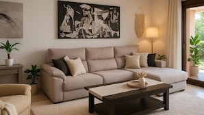 A living room with a beige sofa, a dark coffee table, and a painting on the wall. - Apto Casares Golf Playa (Casares)