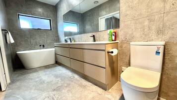 Shower, hair dryer, towels, shampoo