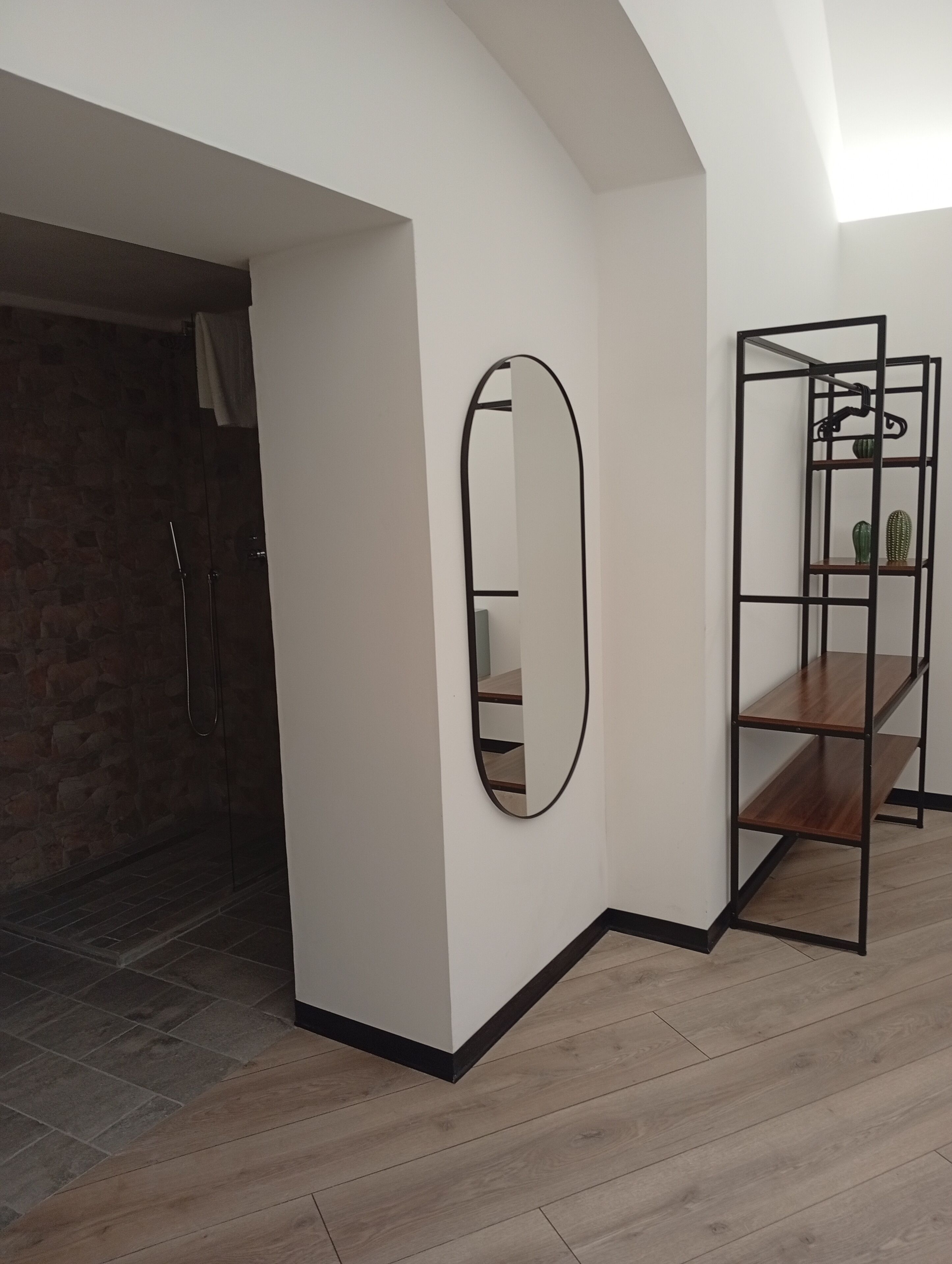 Een kamer met een houten vloer, een witte muur, een spiegel met een zwarte lijst en een metalen schapenkast met een plant.