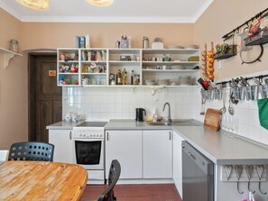 Fridge, microwave, oven, cookware/dishes/utensils