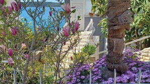 A garden with flowering plants and a view of the sea. - Two-bedroom Apartment With Sea View (A1) (Trogir)