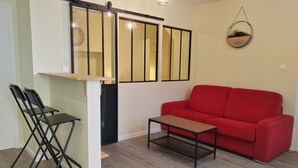 Sala de estar con un sofá rojo, una mesita y una silla plegable negra. Cuenta con una puerta corredera con espejos y una planta colgante.