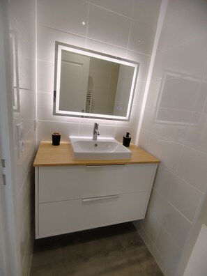 Douche, serviettes fournies, savon, papier toilette