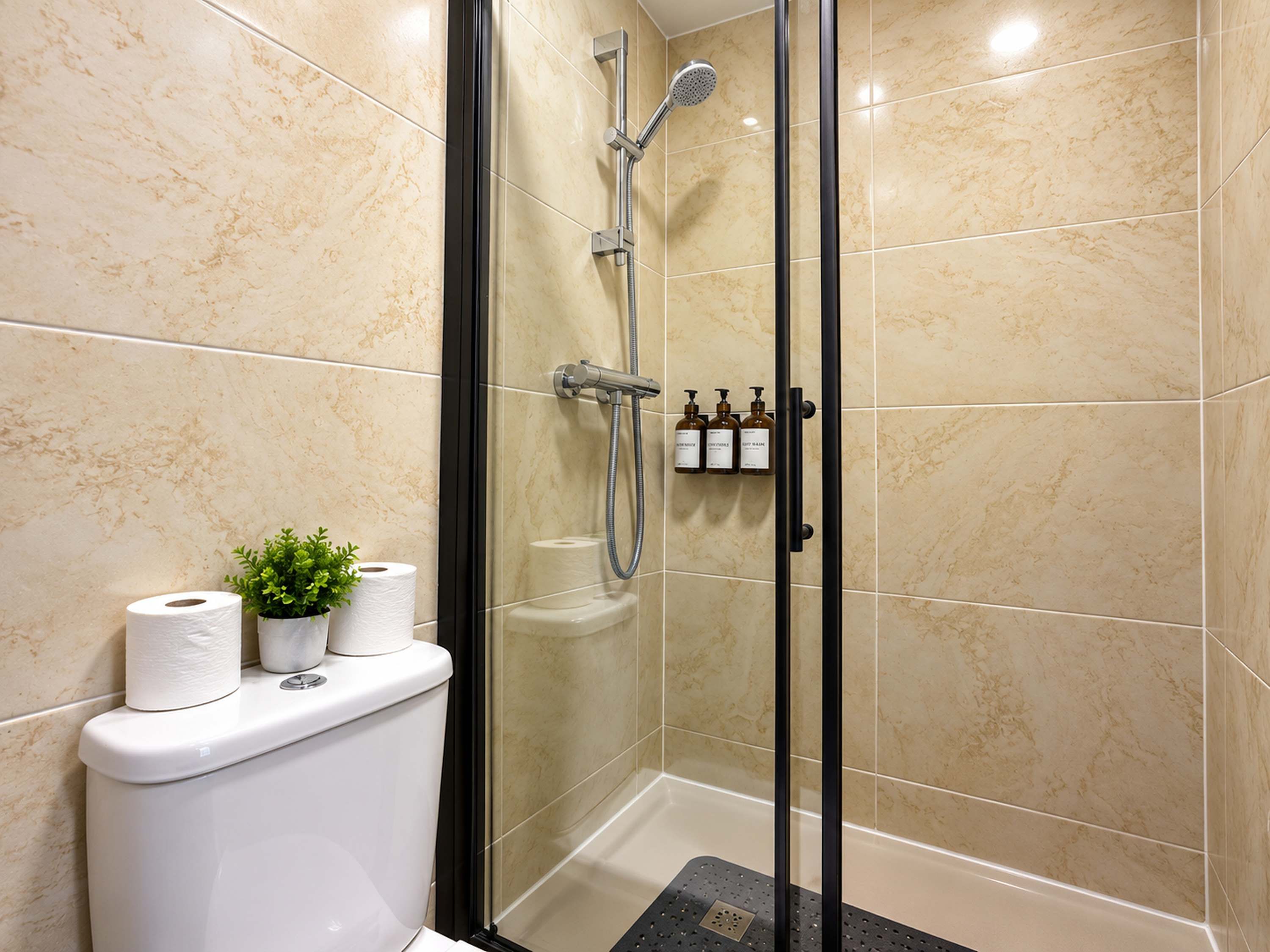 A glass-enclosed shower stall with a handheld showerhead, a toilet with toilet paper, and a small potted plant.