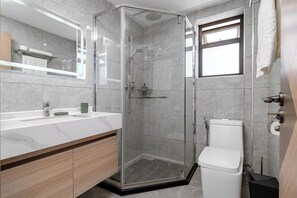 Hair dryer, towels, soap, toilet paper