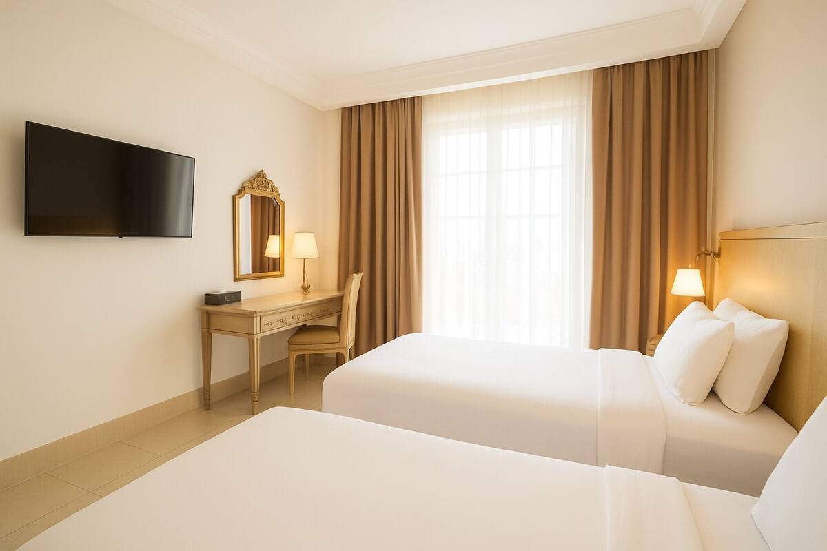 A hotel room with two beds, a desk with a lamp, a television, and a large window with curtains.