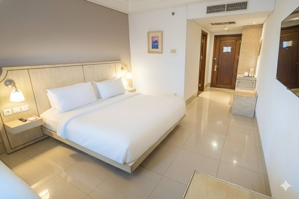 A hotel room with a large bed, bedside lamps, a nightstand, a framed picture on the wall, and a bathroom visible through an open door.