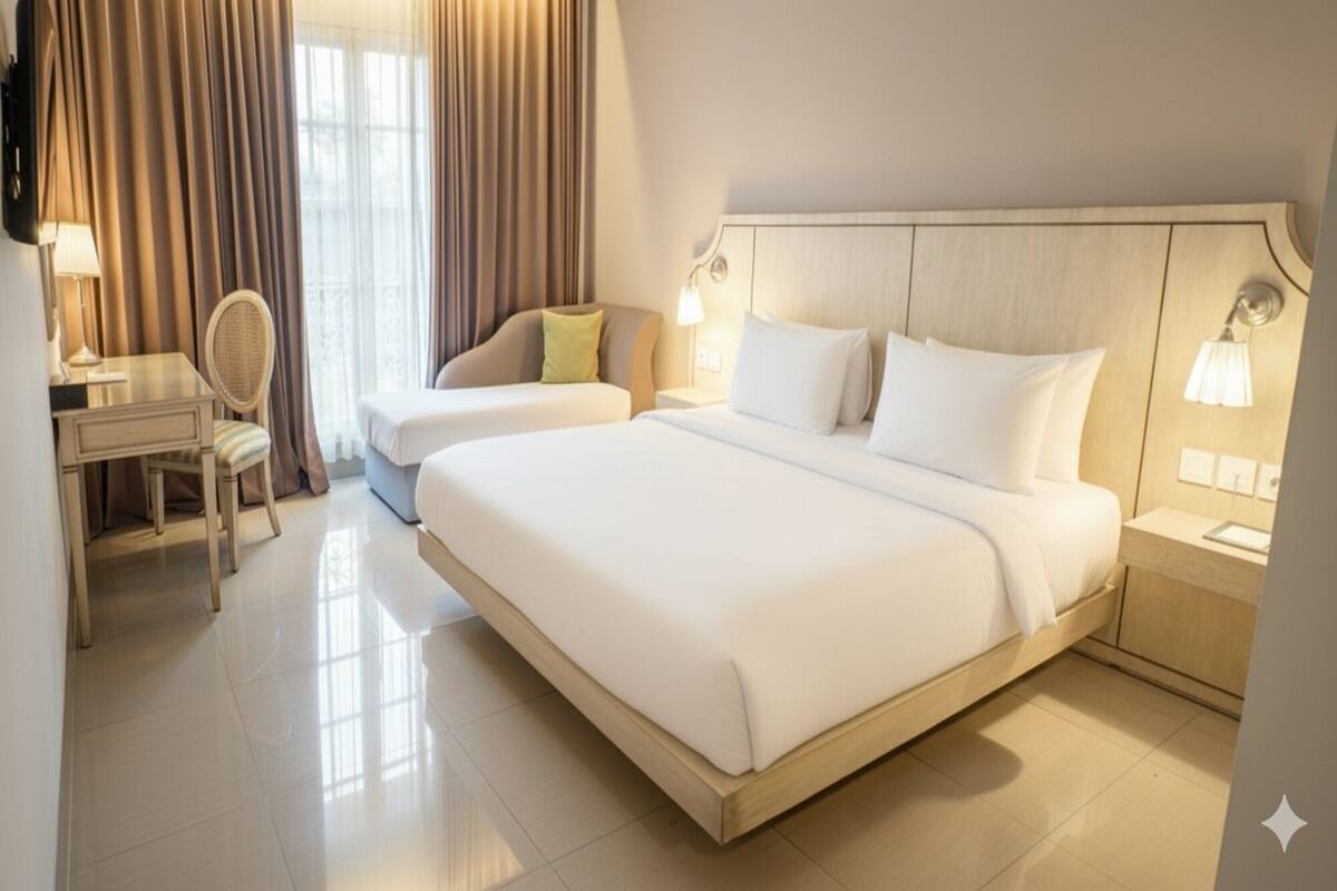 A hotel room with a large bed, a desk, a chair, and a nightstand with a lamp.