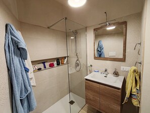Shower, hair dryer, bidet, towels
