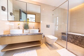 Hair dryer, towels, soap, toilet paper