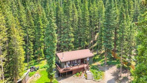 A cabin surrounded by dense forest, with a deck and outdoor seating area.