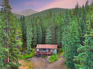 A cabin with a deck, surrounded by dense forest and a mountain in the background.