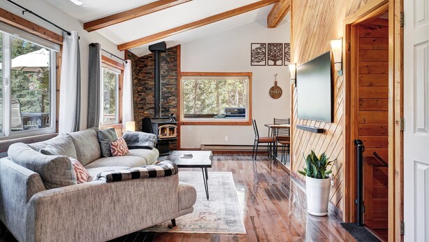 A cozy living room with a sofa, a fireplace, a TV, and a dining area with a table and chairs.