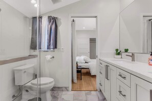 A modern bathroom with a glass shower enclosure, a toilet, and a sink with a mirror.