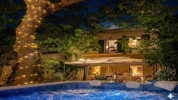 A tree with lights, a pool, and a building with an outdoor seating area. - Leonardo House Pisa Garden Center Whirlpool Pool (Pisa)