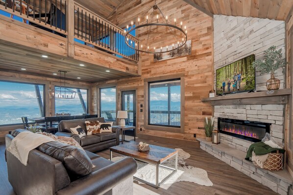 TV, fireplace, video games, foosball