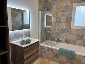 Douche, sèche-cheveux, serviettes fournies, papier toilette