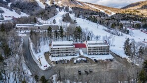 Ein mehrstöckiges Hotel mit rotem Dach, umgeben von schneebedeckten Bäumen und einer Skipiste.