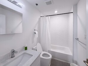 Shower, hair dryer, shampoo