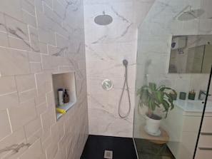 Hair dryer, bidet, towels, soap
