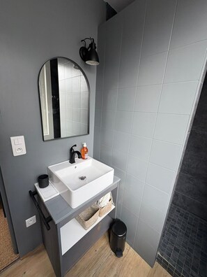 Shower, eco-friendly toiletries, hair dryer, towels